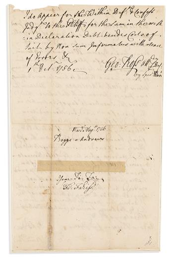 ROSS, GEORGE. Autograph Document, unsigned, with Autograph endorsement Signed, Geo: Ross att[or]ney f[or the] Def[endant], on verso.